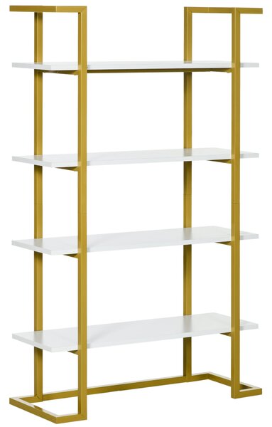 HOMCOM 4-úrovňová Vyvýšená a Víceúčelová Knihovna, MDF a Ocel, 92x35x152cm, Bílá a Zlatá | Aosom