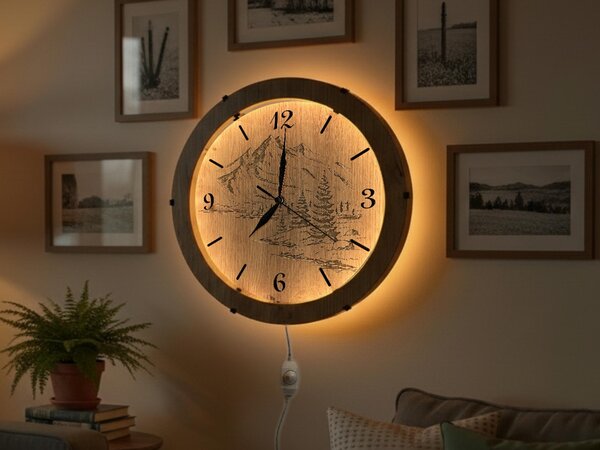 "Hory" světelné hodiny 230V/12V/dub světlý velikost svítidla/hodin: 31 cm