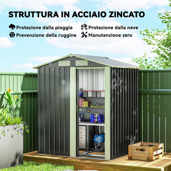 Zahradní kůlna Outsunny z pozinkované oceli, skladovací kůlna na nářadí se šikmou střechou a 4 ventilačními otvory, 152x132x188cm, tmavě šedá a bílá |