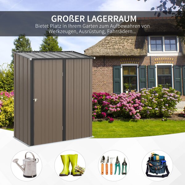 Zahradní kůlna Outsunny 1,34 m² s pultovou střechou, uzamykatelný nástrojový kabinet, vyrobený z pozinkované oceli, 161,5 x 94,5 x 196 cm, hnědý | Aos