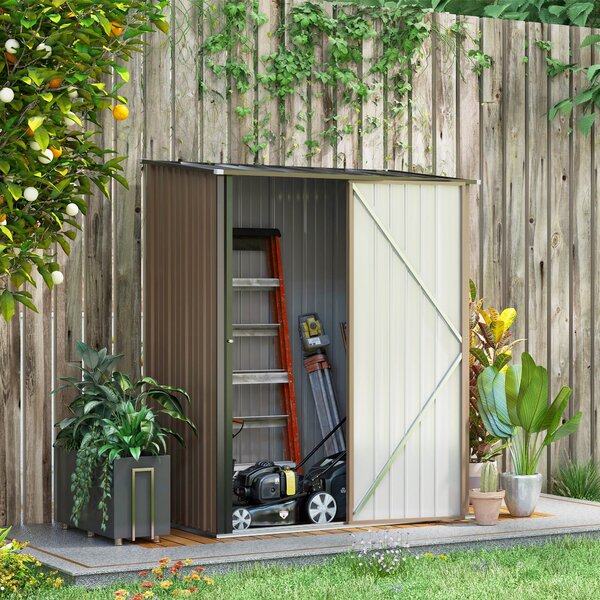 Zahradní kůlna Outsunny 1,34 m² s pultovou střechou, uzamykatelný nástrojový kabinet, vyrobený z pozinkované oceli, 161,5 x 94,5 x 196 cm, hnědý | Aos