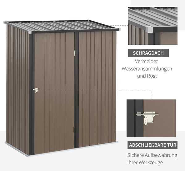 Zahradní kůlna Outsunny 1,34 m² s pultovou střechou, uzamykatelný nástrojový kabinet, vyrobený z pozinkované oceli, 161,5 x 94,5 x 196 cm, hnědý | Aos