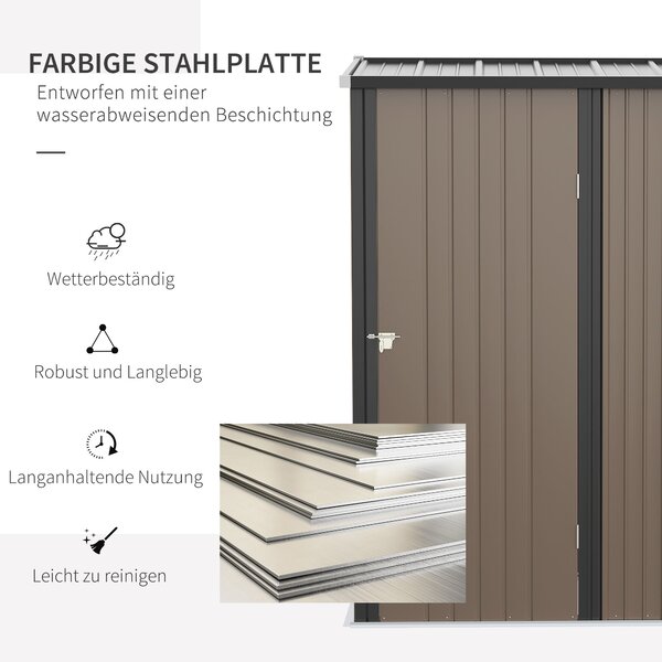 Zahradní kůlna Outsunny 1,34 m² s pultovou střechou, uzamykatelný nástrojový kabinet, vyrobený z pozinkované oceli, 161,5 x 94,5 x 196 cm, hnědý | Aos