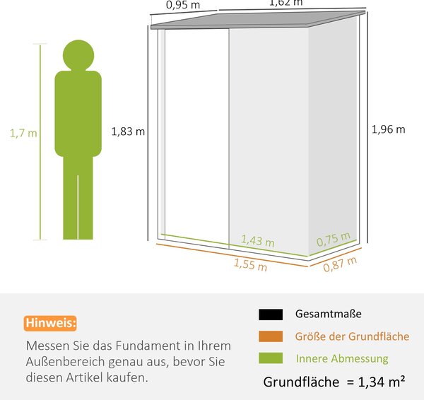 Zahradní kůlna Outsunny 1,34 m² s pultovou střechou, uzamykatelný nástrojový kabinet, vyrobený z pozinkované oceli, 161,5 x 94,5 x 196 cm, hnědý | Aos