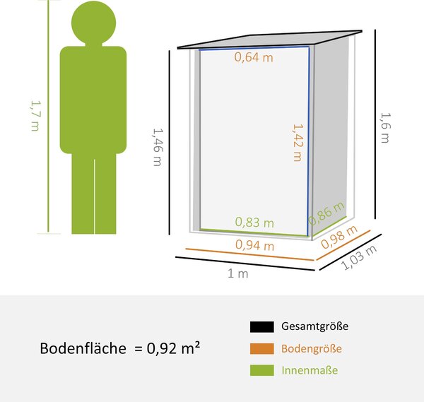 Outsunny Kovová Kůlna na Nářadí 1.6m³ 100x103x160cm Zahradní Kůlna s Pultovou Střechou a Zámkem Voděodolný Úložný Kabinet pro Zahradu, Šedá | Aosom