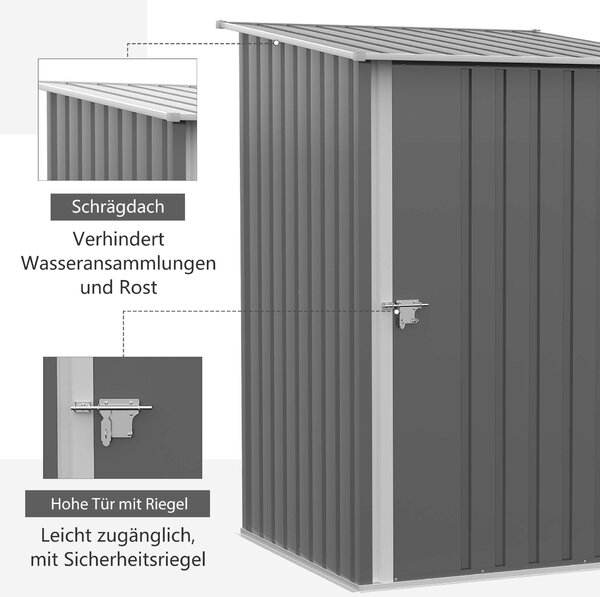Outsunny Kovová Kůlna na Nářadí 1.6m³ 100x103x160cm Zahradní Kůlna s Pultovou Střechou a Zámkem Voděodolný Úložný Kabinet pro Zahradu, Šedá | Aosom
