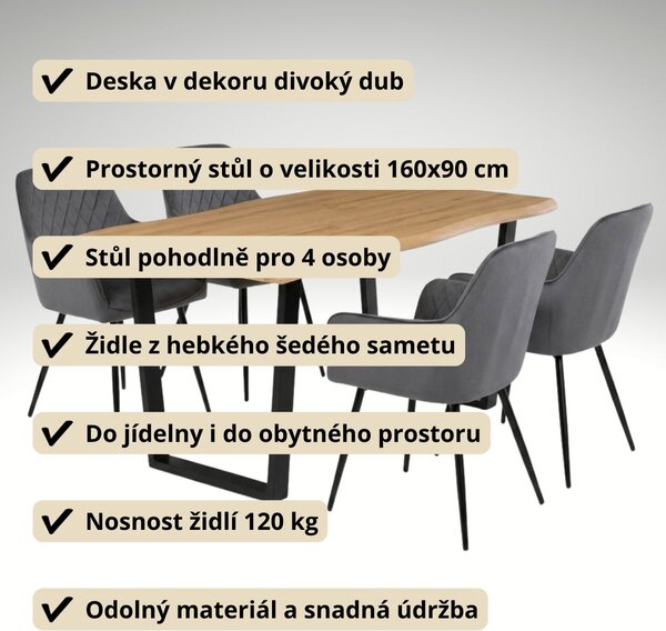 Vikio Jídelní set pro 4 osoby 160x90 cm dub noha U šedá židle s područkami VJS166-4S
