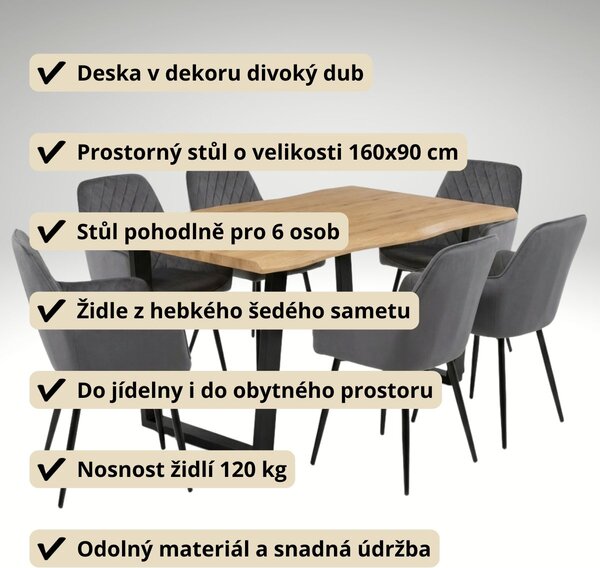 Vikio Jídelní set pro 6 osob 160x90 cm dub noha U šedá židle s područkami VJS166-6S