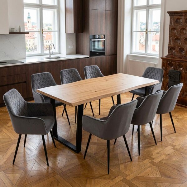 Vikio Jídelní set pro 8 osob 180x90 cm dub noha U šedá židle s područkami VJS168-8S