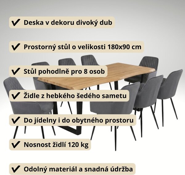Vikio Jídelní set pro 8 osob 180x90 cm dub noha U šedá židle s područkami VJS168-8S