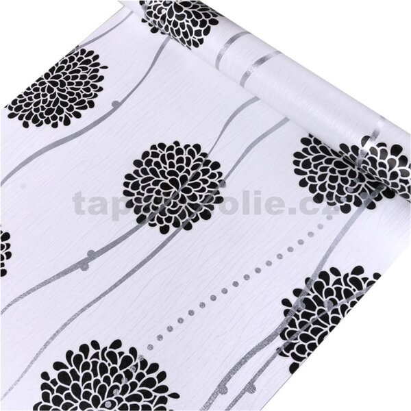 Samolepící tapety 45 cm x 10 m IMPOL TRADE 9073, černé květy se stříbrnými vlnovkami, samolepící tapety
