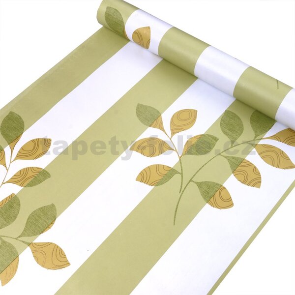 Samolepící tapety 45 cm x 10 m IMPOL TRADE 9092, pruhy bílo-zelené s větvičkami, samolepící tapety