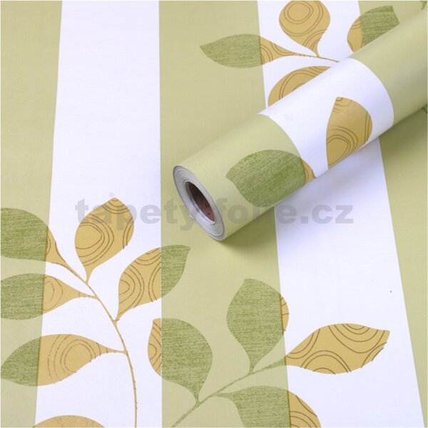 Samolepící tapety 45 cm x 10 m IMPOL TRADE 9092, pruhy bílo-zelené s větvičkami, samolepící tapety