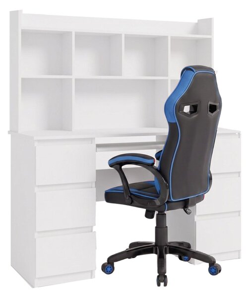 TP Living Psací stůl Kuba s regálem bílý a herním křeslem Drift černo-modrým