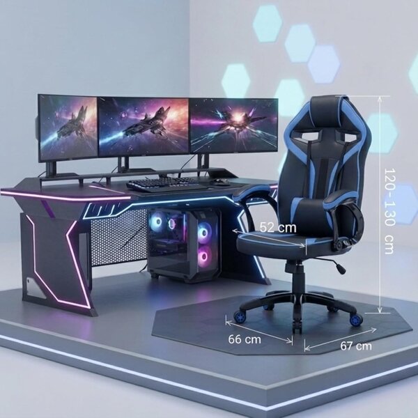 TP Living Rohový psací stůl Dany dub Artisan/antracit s herním křeslem Drift černo-modrým
