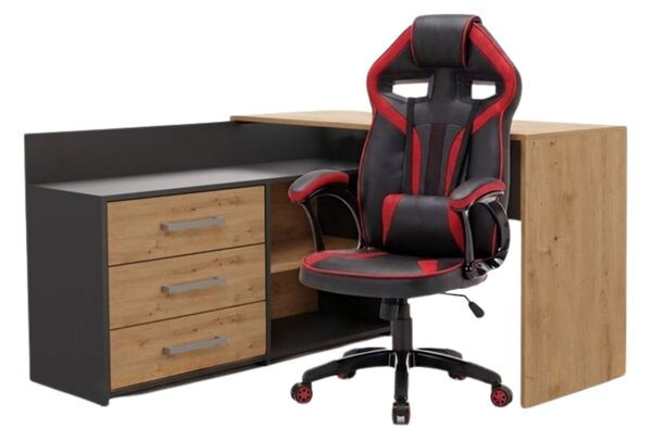 TP Living Rohový psací stůl Dany dub Artisan/antracit s herním křeslem Drift černo-červeným