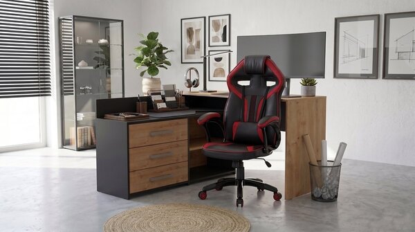TP Living Rohový psací stůl Dany dub Artisan/antracit s herním křeslem Drift černo-červeným