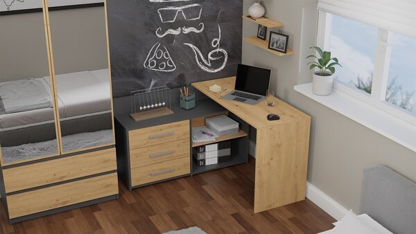 TP Living Rohový psací stůl Dany dub Artisan/antracit s herním křeslem Remus černým