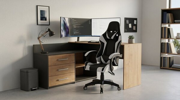 TP Living Rohový psací stůl Dany dub Artisan/antracit s herním křeslem Remus černo-bílým
