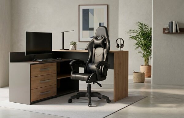 TP Living Rohový psací stůl Dany dub Artisan/antracit s herním křeslem Remus černým