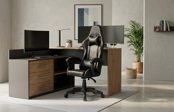 TP Living Rohový psací stůl Dany dub Artisan/antracit s herním křeslem Remus černým