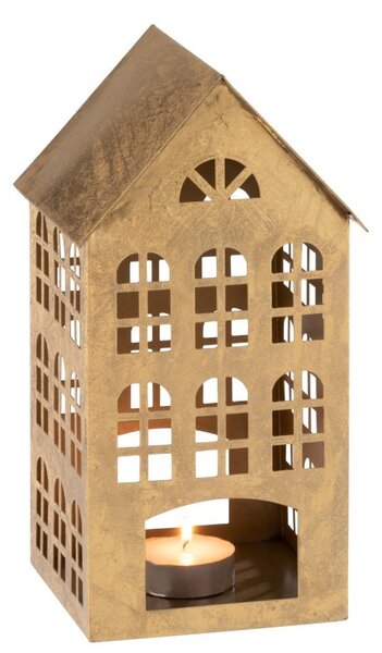 Zlatý antik kovový domek na čajovou svíčku - 17*17*32cm - J-Line by Jolipa