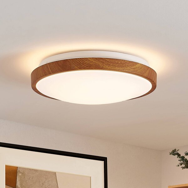 Lindby LED stropní svítidlo Mynte, Ø30cm, dřevěný vzhled, plast, Světlé dřevo, Obývací pokoj / jídelna, Plast, Moderní