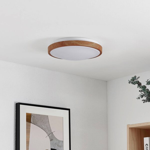 Lindby LED stropní svítidlo Mynte, Ø30cm, dřevěný vzhled, plast, Světlé dřevo, Obývací pokoj / jídelna, Plast, Moderní