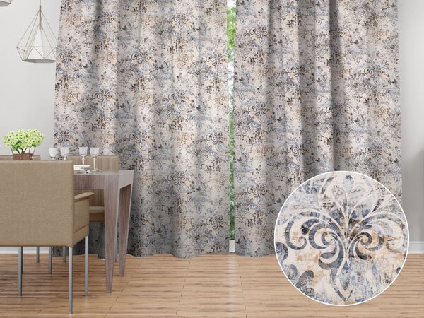 Biante Sametový závěs Tamara TMR-057 Modro-zelený zámecký vzor na krémovém 145x140 cm
