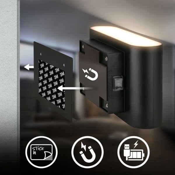 Briloner 3878015 - LED Nab nást svít se senz CHAT LED/3W/5V 2000 mAh černá