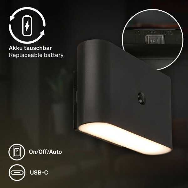 Briloner 3878015 - LED Nab nást svít se senz CHAT LED/3W/5V 2000 mAh černá