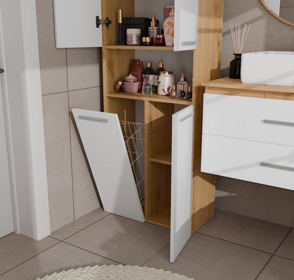 TP Living Koupelnová skříňka s košem na prádlo NEL 1K DK bílá/dub Artisan