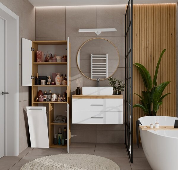 TP Living Koupelnová skříňka s košem na prádlo NEL 1K DK bílý lesk/dub Artisan