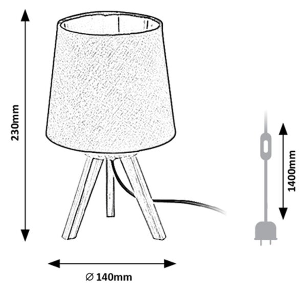 Rabalux 2069 LYCHEE - Stolní lampička se dřevěnou trojnožkou a textilním stínidlem, 1 x E14, 23cm (Stolní lampa nejen na noční stolek se dřevěným podstavcem)