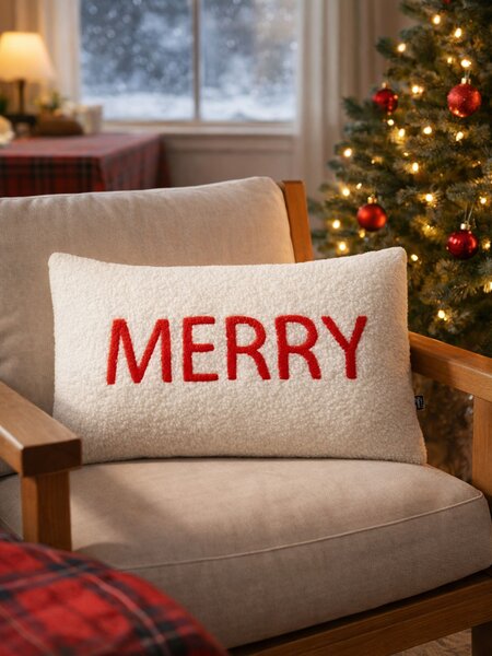 Sinsay - Vánoční polštář s nápisem Merry - bílá