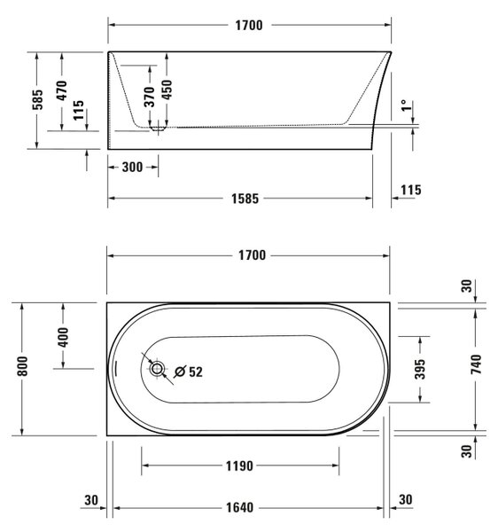 Duravit DuraSenja - Volně stojící vana 1700x800 mm do levého rohu, bílá 7005800000000000