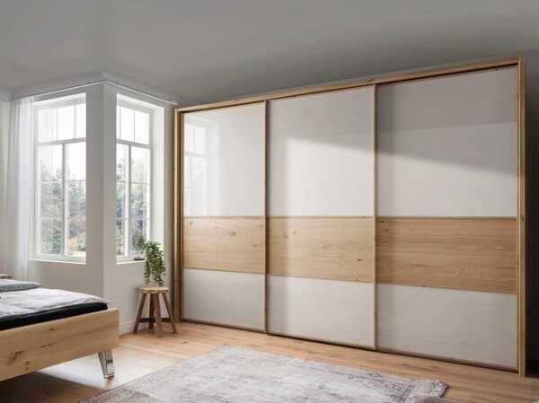 Moderní ložnice BARI 1 bílý dub/sklo champagne