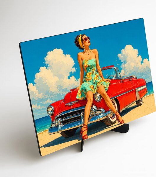 DUBLEZ | Pin-up obraz na stěnu - Dívka u kabrioletu | UV tisk, Premium