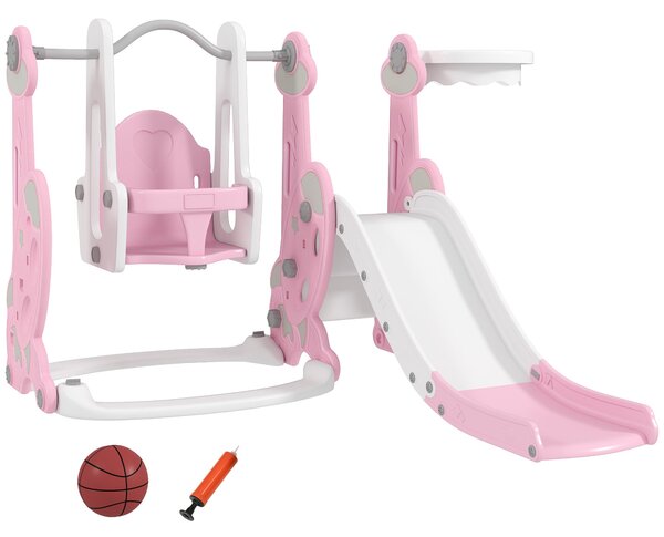 AIYAPLAY Dětské skluzavky 4 v 1 Dětské hřiště se sinkou a skluzavkou, lezecká stěna, koš na basketbal, raketové téma pro indoor hru, Růžová a Bílá | A