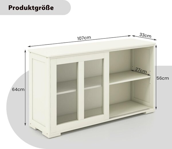 Příborník COSTWAY, kuchyňská skříňka s posuvnými skleněnými dveřmi a nastavitelnou policí, úložná skříňka 107 x 33 x 62,5 cm, béžová barva