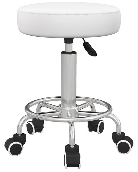 Vinsetto Height-Adjustable Rolling Salon Stool with Foot Ring – White PU Leather, Ø16.5 x 19.7–25.2 in | Aosom