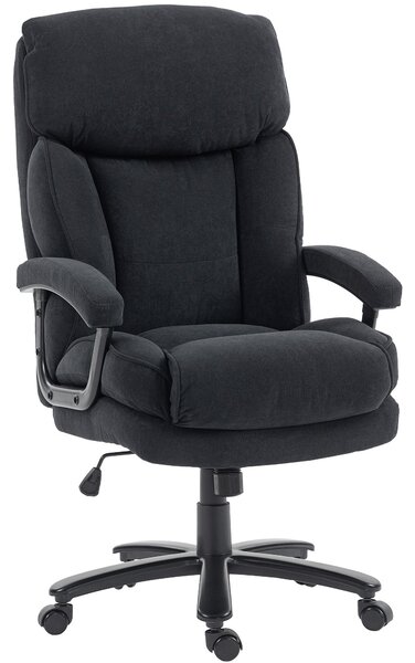 HOMCOM ergonomická kancelářská židle s vysokým opěradlem (nosnost 200 kg) – látka vzhled lnu, nastavitelná výška, houpání, široké sedadlo, černá | Aos