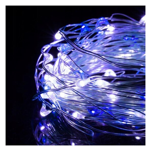 LED řetěz Nano Duo - 10m, 100LED, 3xAA, bílá/modrá