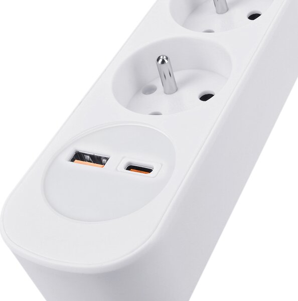 SOLIGHT Prodlužovací přívod 3 zásuvky, USB A+C 20W PD, 2m, 3 x 1mm2, bílý, vypínač