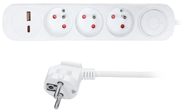SOLIGHT Prodlužovací přívod 3 zásuvky, USB A+C 20W PD, 2m, 3 x 1mm2, bílý, vypínač