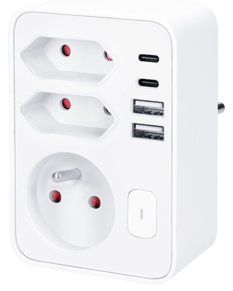 SOLIGHT Rozbočka 1x 16A + 2x 2,5A, 2xUSB A+C 20W PD, bílá, vypínač