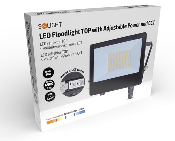 SOLIGHT LED reflektor TOP 50W, max. 6500lm, 3CCT, volitený výkon 100/60%, IP65