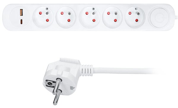 SOLIGHT Prodlužovací přívod 5 zásuvek, USB A+C 20W PD, 3m, 3 x 1mm2, bílý, vypínač