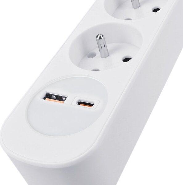 SOLIGHT Prodlužovací přívod 5 zásuvek, USB A+C 20W PD, 3m, 3 x 1mm2, bílý, vypínač