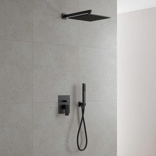 Sprchový systém Kronenbach Quara 3.0 Black, montáž do zdi, jednopáková baterie s přepínačem, hranatý design